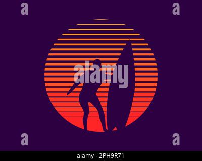 Man holding a surfboard at sunset. A surfer with a surfboard against the backdrop of the sun in the synthwave style of the 80s. Design for banners, po Stock Vector