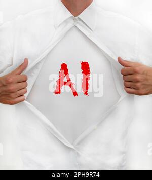 Man opens his shirt to reveal AI - Artificial Intelligence - written on it Stock Photo