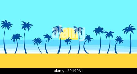 Landscape of palm trees on the seashore and the sun on the horizon. View of the palm trees from the coast, palm trees at dawn. Design for poster, bann Stock Vector