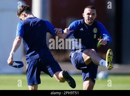 Scotland's John McGinn (right) during a training session at Lesser ...