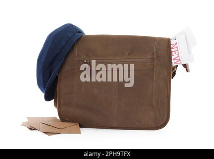 Brown postman's bag with newspapers, hat and envelopes on white background Stock Photo