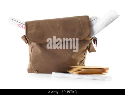 Brown postman's bag, envelopes and newspapers on white background Stock Photo