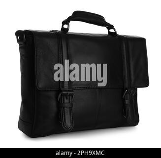 Stylish black leather briefcase isolated on white Stock Photo