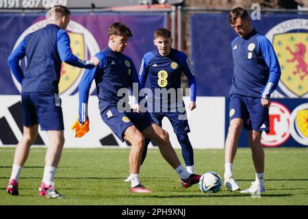 Scotland's Billy Gilmour (centre) during a training session at Lesser Hampden, Glasgow. Picture date: Monday March 27, 2023. Stock Photo