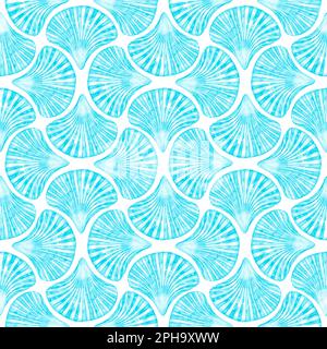 Art deco style abstract watercolor sea shells geometric forms seamless pattern background. Hand drawn blue teal elements on white texture. Watercolour Stock Photo