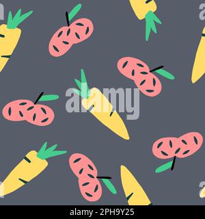 Yellow carrots and red dotted apples on dark background seamless pattern.  Stock Vector
