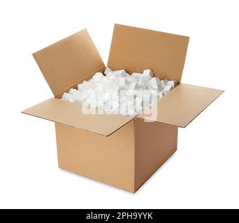 Cardboard box with styrofoam cubes isolated on white Stock Photo