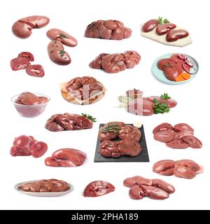 Set with fresh raw kidneys on white background Stock Photo