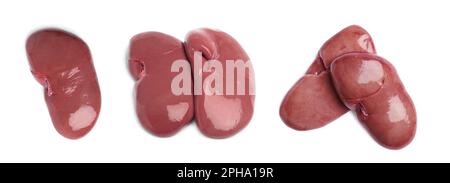 Set with fresh raw kidneys on white background, top view. Banner design Stock Photo