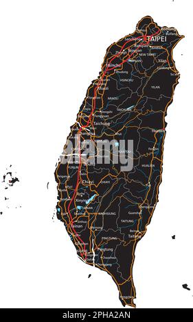 High detailed Taiwan road map with labeling. Stock Vector