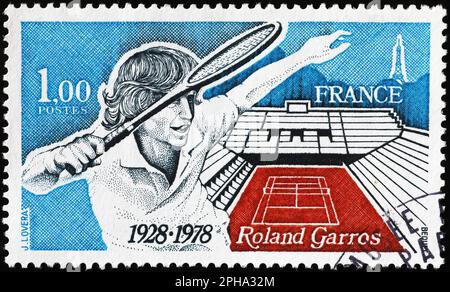 Celebration of Roland Garros Stadium on french postage stamp Stock Photo