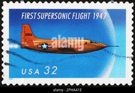 First supersonic flight in 1947 celebrated on postage stamp Stock Photo