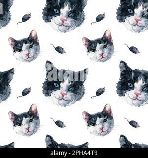 Bicolor black and white cat faces and toy mouse seamless pattern. Watercolor painting on white background. Graphic for fabric, wrapping paper Stock Photo