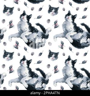 Cute bicolor black and white cat and toy mouses seamless pattern. Watercolor painting on white background. Graphic for fabric, wrapping paper Stock Photo