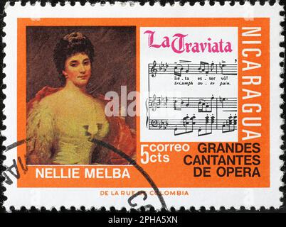 Music sheet of 'La Traviata' by Giuseppe Verdi on stamp Stock Photo