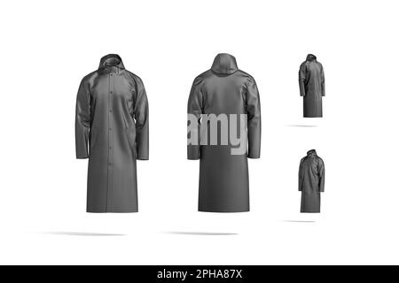 Blank black protective raincoat mockup, different views Stock Photo