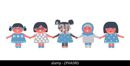 happy little girls holding hands. International Women's Day concept. Diverse group of babies girls. Cute cartoon characters. Vector illustration Stock Vector