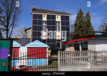 Cracow. Krakow. Poland. Solar panels placed on the wall of a building, vertically mounted. Power source. Stock Photo