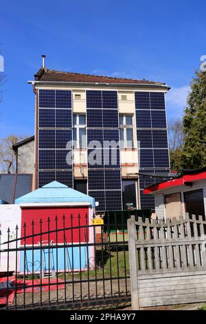Cracow. Krakow. Poland. Solar panels placed on the wall of a building, vertically mounted. Power source. Stock Photo