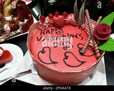 Close-up view of сake with sign Valentines day. Stock Photo