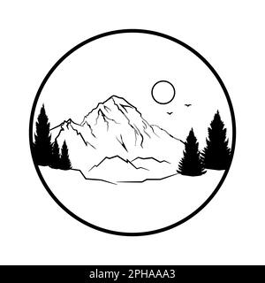 Pine trees on the background of mountains, Natural mountain landscape in a round frame graphic image. Vector illustration Stock Vector