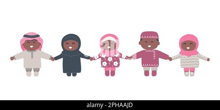 Arab children holding hands. Baby girls and baby boys. Cute cartoon characters. Vector illustration Stock Vector