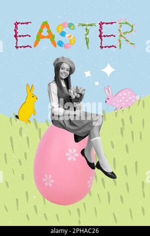 Easter concept collage picture pretty little girl sitting colored egg in natural hare park reservation hold fresh tulips happy holidays Stock Photo