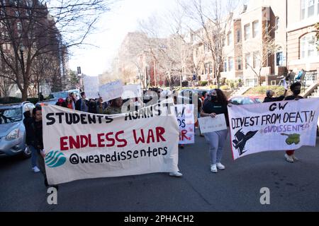 Washington, United States Of America. 26th Mar, 2023. The George Washington University chapter of Dissenters, a nationwide youth-led group that fights back against funding U.S. war efforts, led a protest on the campus in concert with students from University of Virginia, Howard University, Johns Hopkins University, University of Massachusetts Amherst, Florida State University and University of Houston, calling on GW to divest from Boeing, Raytheon, Northrop Grumman and General Dynamics on Sunday, March 26, 2023. (Photo by Zach Brien/Sipa USA) Credit: Sipa USA/Alamy Live News Stock Photo