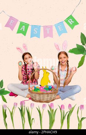Two funny sisters playing Easter game knocking eggs sit floor decorated holiday atmosphere flags flowers basket collage Stock Photo