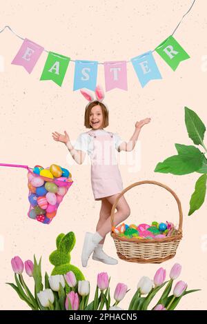 Little girl enjoy spring time Easter preparation gather pick eggs collect wicker basket see relatives tradition religion collage picture Stock Photo