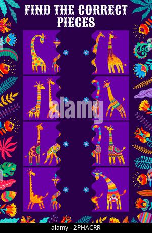 Find the correct pieces of african giraffes kids game worksheet. Vector match the half of cartoon animals puzzle with funny giraffe separated parts in Stock Vector