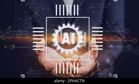 Businessman holding AI chip. Artificial intelligence digital technology computer connection and cyber science Stock Photo