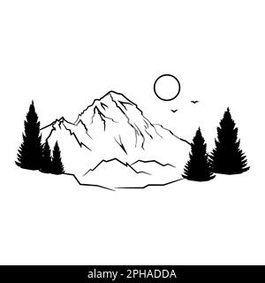 Nature Mountains pines on rocks sun linear illustration, graphic image, vector illustration Stock Vector
