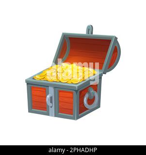 Open treasure chest with golden coins, vector wooden trunk with pirate loot. Isolated cartoon box, ui game asset. Opened coffer with gold trophy, anci Stock Vector