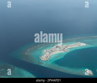 Aerial view of the white sandbar surrounded by turquoise water with ...