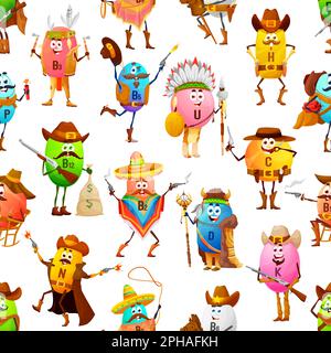Cartoon vitamin cowboys, bandits, rangers and Indians characters seamless pattern, vector background. Funny vitamin pills in cowboy hat or Indian chie Stock Vector