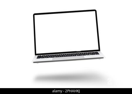 Laptop with white screen floating on white background. Stock Photo