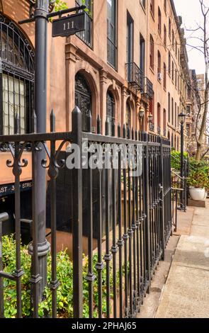 Stately brownstones line E. 35th St., between Park Avenue and Lexington Avenue in the historic neighborhood of Murray Hill, 2023, New York City, USA Stock Photo