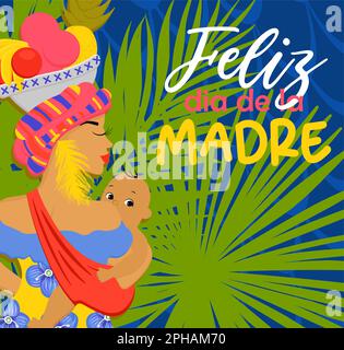 Colombian mothers day greeting banner template,bright mothers day flyer afrocolombian woman. In Spanish: Happy Mother's Day Stock Vector