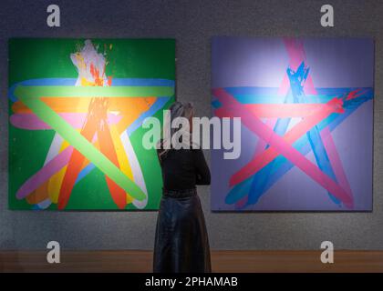 Bonhams, London, UK. 27th Mar, 2023. The British. Cool. sale takes place at Bonhams on 29 March. Highlights include: Works by John Copnall, Star III Green & Star XVIII, each £1,000-1,500. Credit: Malcolm Park/Alamy Live News Stock Photo