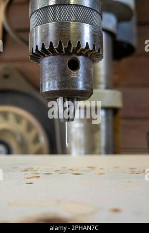 Close-up of a drill press in our home workshop, bucks, county, 2023, Pennsylvania, USA Stock Photo