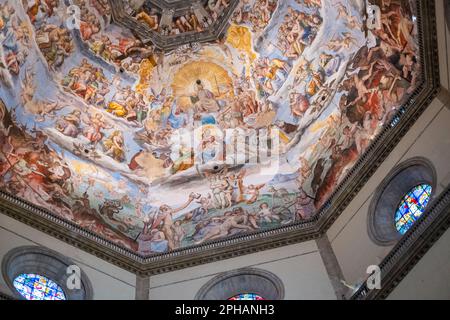 Interior of Brunellschi's Dome at the Duomo in Florence, painted by Vasari and Federico Zuccaro - Last Judgment. Stock Photo