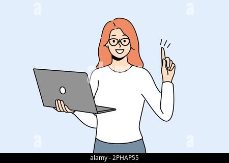 Smiling businesswoman with laptop in hands put finger in air excited about innovative idea. Happy woman employee generate business thought work on computer. Vector illustration.  Stock Vector