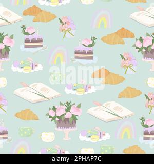 Seamless Pattern with Confection, Macarons and Flowers Stock Vector