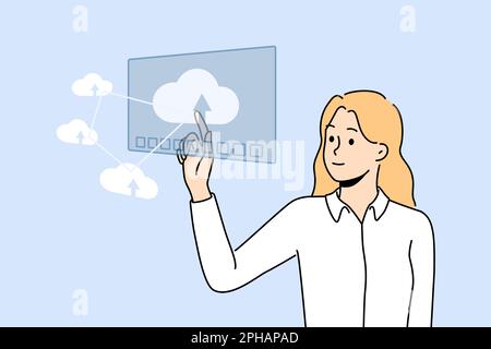 Smiling businesswoman working with cloud computer system. Happy female employee touch icon on digital application. Vector illustration.  Stock Vector