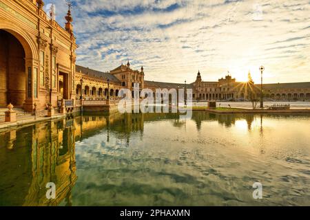 Legendary view of famous Plaza de Espana. Spanish square in the centre of old but magnificent Seville, Spain. Unique moorish architecture. Stock Photo