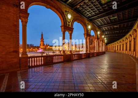 Legendary view of famous Plaza de Espana. Spanish square in the centre of old but magnificent Seville, Spain. Unique moorish architecture. Stock Photo