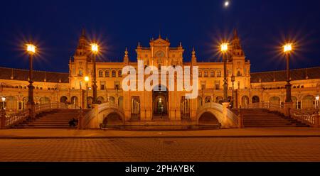 Legendary view of famous Plaza de Espana. Spanish square in the centre of old but magnificent Seville, Spain. Unique moorish architecture. Stock Photo