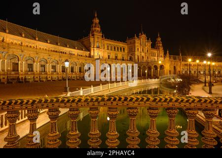 Legendary view of famous Plaza de Espana. Spanish square in the centre of old but magnificent Seville, Spain. Unique moorish architecture. Stock Photo