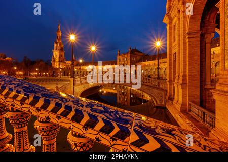 Legendary view of famous Plaza de Espana. Spanish square in the centre of old but magnificent Seville, Spain. Unique moorish architecture. Stock Photo